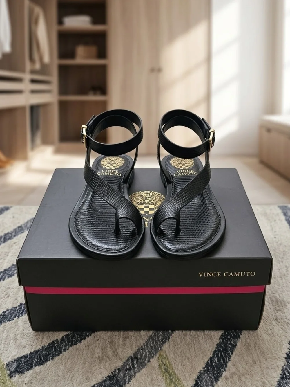 Vince Camuto Black Ankle-Strap Toe-Ring Sandals with Gold Buckle